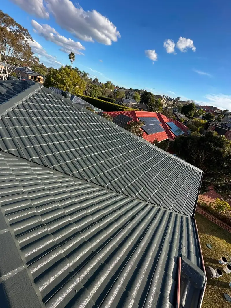 Restored tile roof showing the hip and ridge lines