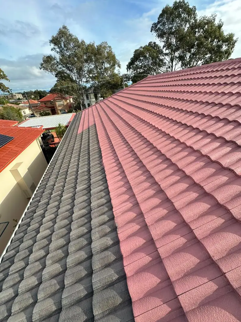 Tile roof half painted red beside the unpainted grey section